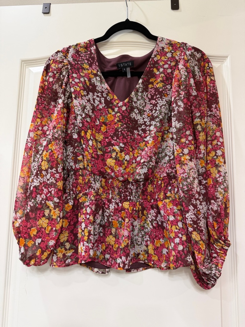 1. State Burgundy Floral V-Neck Peplum Blouse
